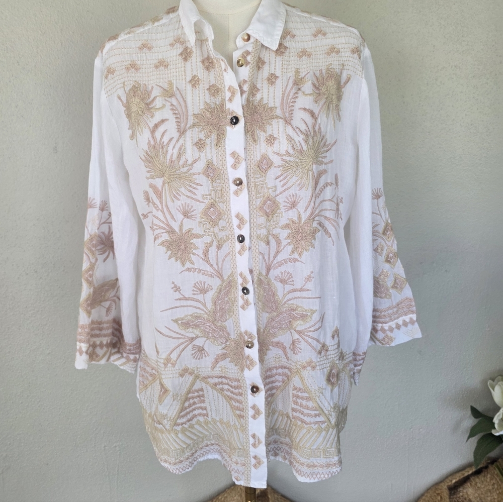 Johnny Was Talia Embroidered Ramie Blouse White Tonal Boho Bell Sleeve S - Picture 4 of 16